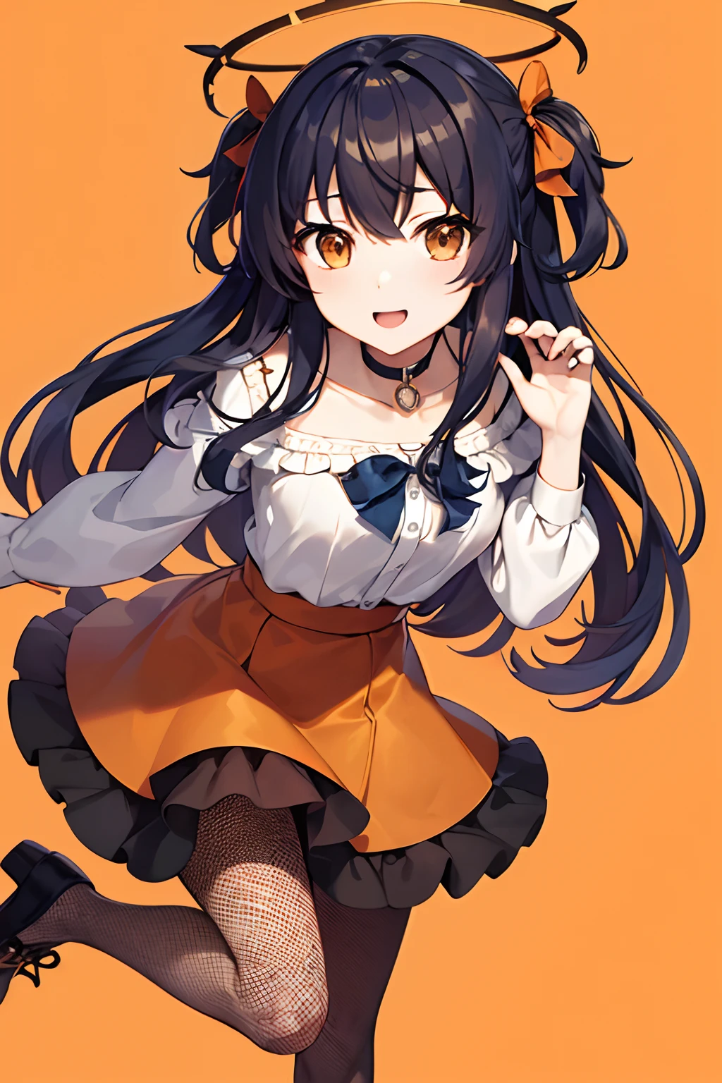 Top Quality, Masterpiece, High Resolution, 8k, Luminous Yellow Shirt and Skirt Anime Style Small Loli, Single, Detailed Line Art, Bright White and Bright Amber Style, Digital Enhancement, Anime Core, Flowing Fabric, Close Up, Hair Length to Shoulder and Short Braid, Beautiful Black Hair, Smile, Looking Up Angle