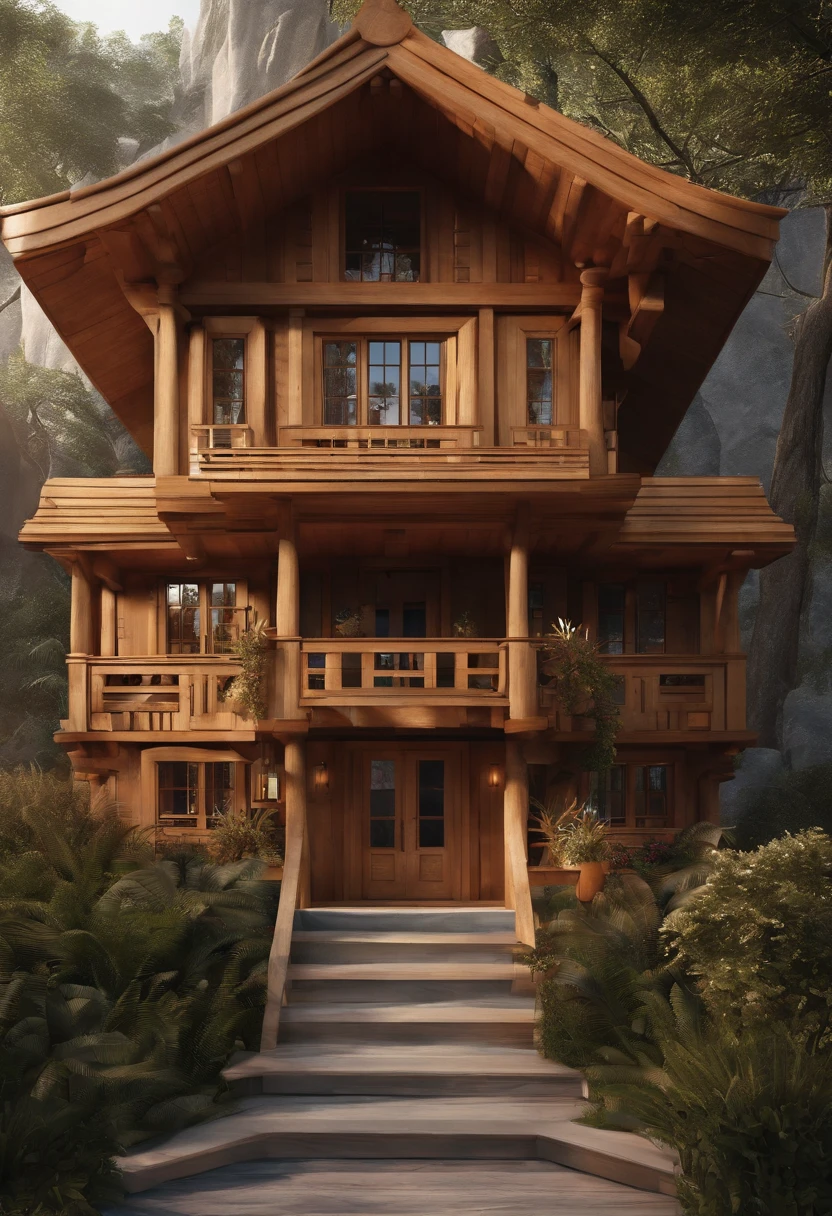 tmasterpiece,high qulity,rich details,k hd,8K,Wooden house in the form of a camera,The wooden house is compounded with a camera,Blue-white tones,Cartoon architecture,3D stylized architecture,