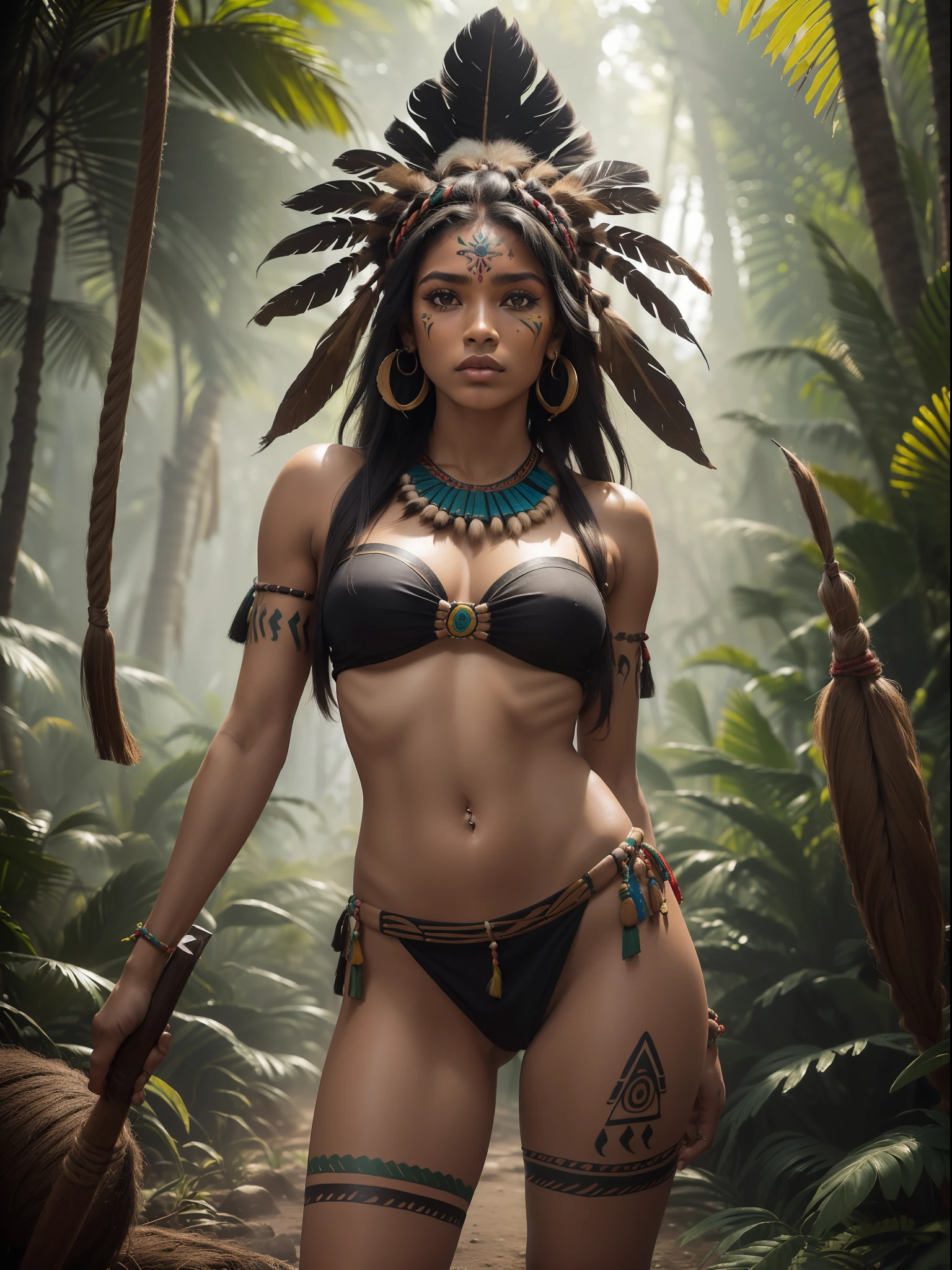 ((obra prima)), ((master part)), ((melhor qualidade)), ((oil-painting)), ((Portrait of a Brazilian indigenous warrior)), ((BRAZILIAN INDIGENOUS)), ((jovem bonita)), ((pele morena)), (cabelo preto)), ((cabelo longo)), ((roupas tradicionais indigenas)), ((BRAZILIAN INDIGENOUS)), ((Battle position)), ((Indigenous weapon)), ((She's wearing traditional indigenous clothing)), ((roupas tradicionais indigenas de plumagem e penas)), ((bare foots)), ((tatuagens tribal no corpo)), ((corpo inteiro)), ((Pose de batalha)), ((attack position)), ((8K resolution)), ((BRAZILIAN INDIGENOUS)), ((tatuagem tribal)), ((Indigenous makeup of the red urucu)), ((Fundo: Amazon Rainforest)).