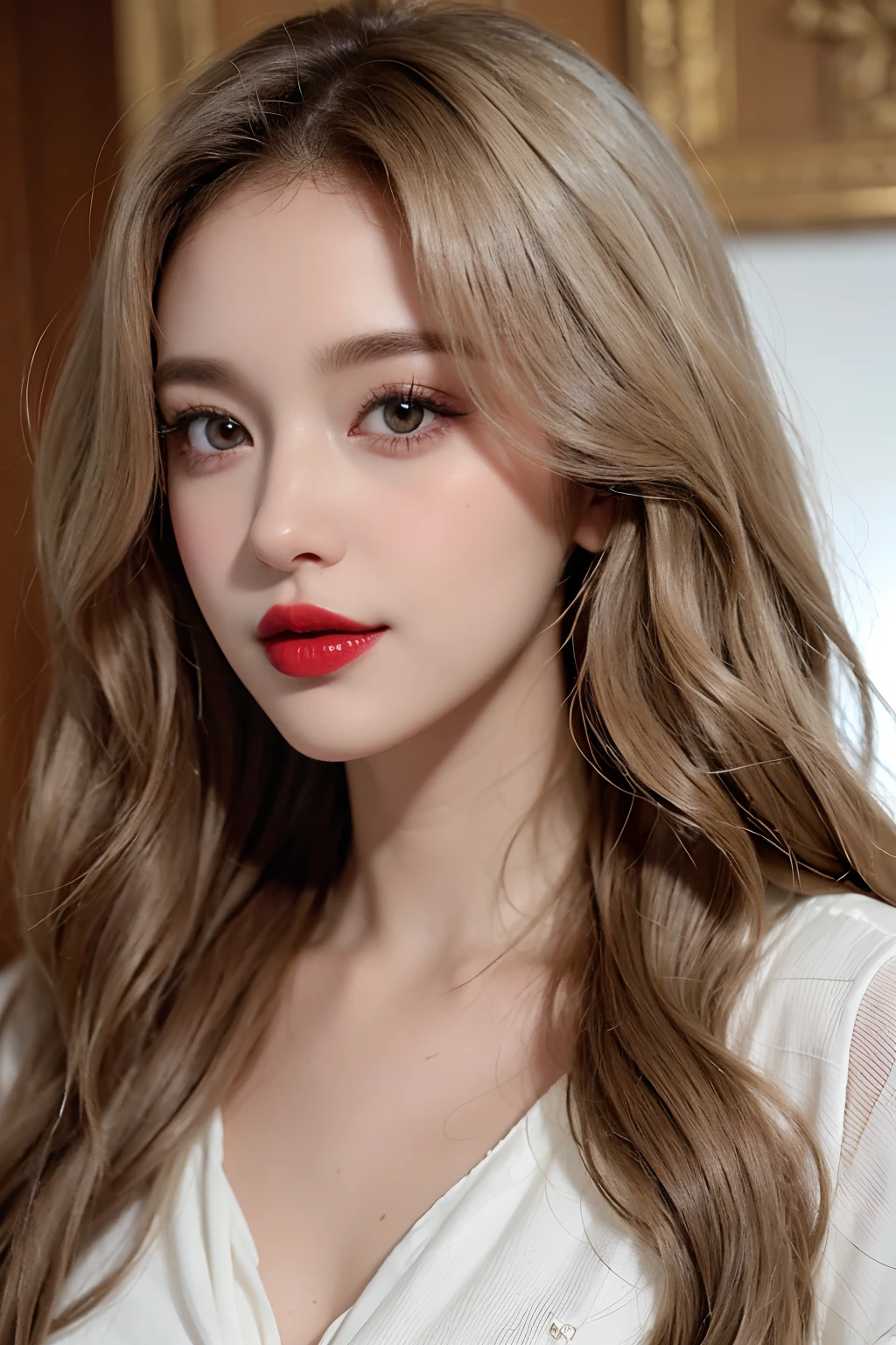 Redlip,Heavy makeup,Mipi is white,Wavy curly hair,Charming