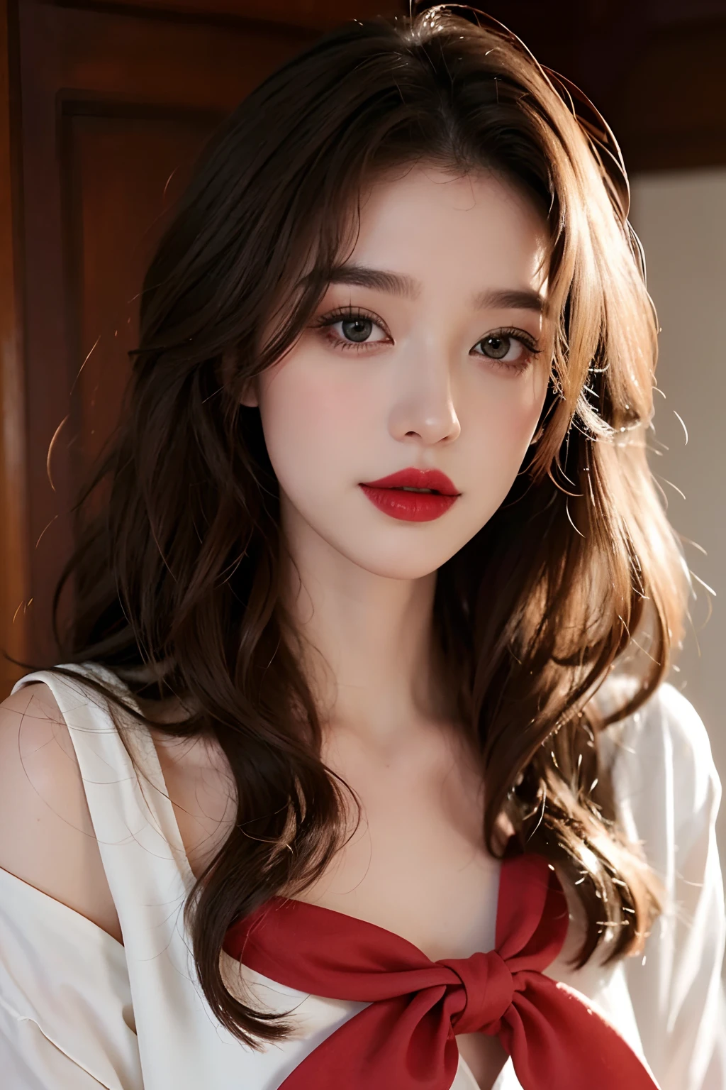 Redlip，Heavy makeup，Mipi is white，Wavy curly hair，Charming