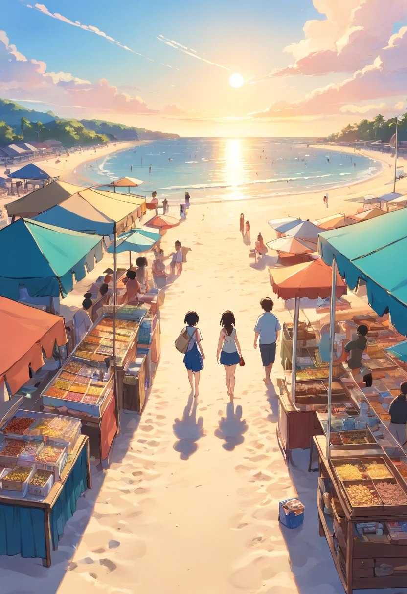 People barter at stalls on the beach, on  the  beach，Top-down view，the setting sun，Manhwa Style。