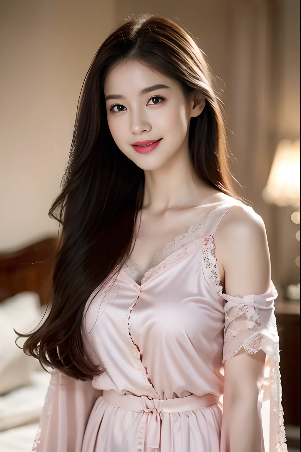 masterpiece, (front focus), surreal female portrait, fantasy art, realism, dynamic lighting, art station, poster, volumetric lighting, highly detailed faces, double dark and smooth eyes, shiny pupils, 4K, award-winning, 1 girl, gentle, full body shot, (formal outfit: 1.4,pink lace pajamas), bedroom, bright lights , dark brown hair, tall build, full body view, smiling