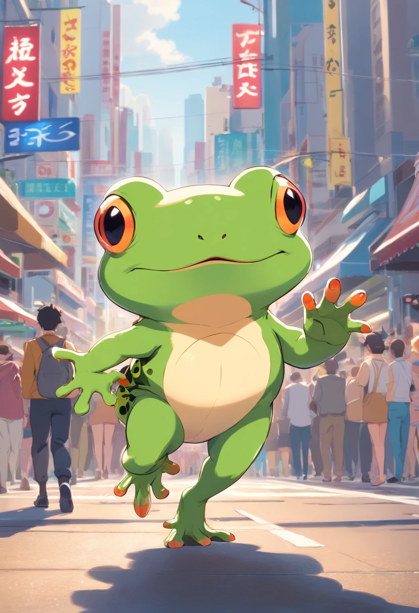 ((RAW photogr)), ((tmasterpiece)), Anthropomorphic humanoid frog dressed, walking on the crowd, Big paws with intricate details, Intricate work by Gribors, Behind the city, large body