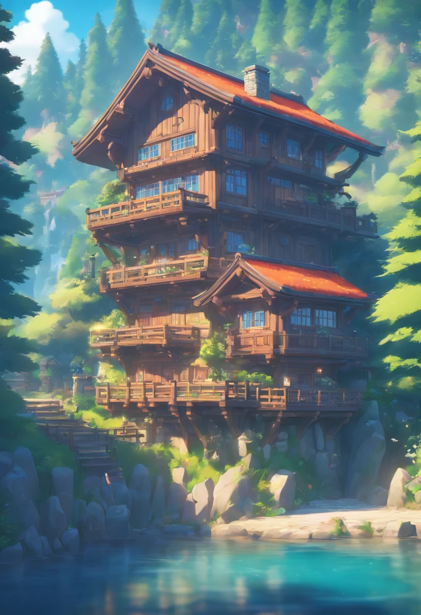 tmasterpiece,high qulity,rich details,k hd,8K,Wooden house in the form of a camera,The chalet is equipped with a camera,Blue-white tones,Cartoon architecture,3D stylized architecture,