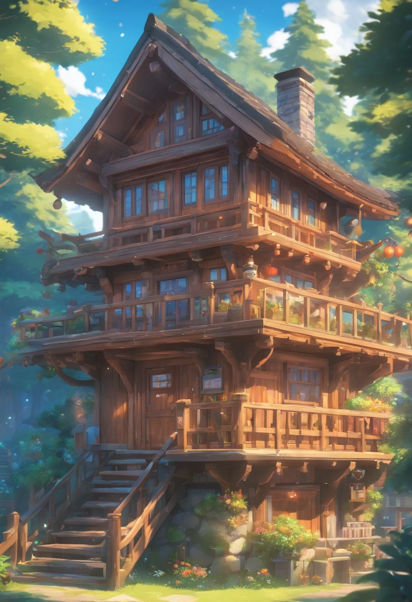tmasterpiece,high qulity,rich details,k hd,8K,Wooden house in the form of a camera,The chalet is equipped with a camera,Blue-white tones,Cartoon architecture,3D stylized architecture,