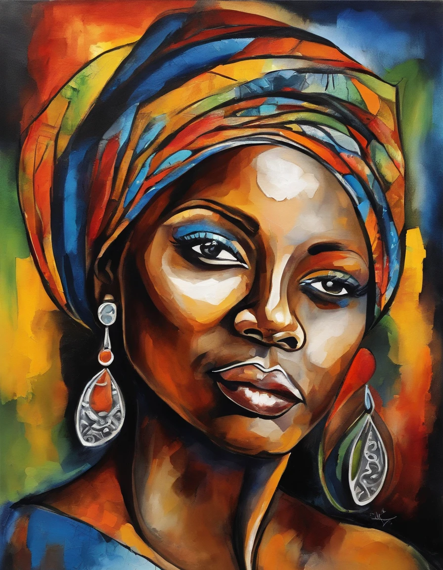 Centered image. Face painting of African woman, on a black background, Abstract face, Abstract portrait, Stylized face, Pop art painting, Highly expressive detailed face, Expressive female face, Picasso style, A pop art painting, Beautiful expressive painting, Detailed face of a woman, detailed expression, Picasso style, Cubism style