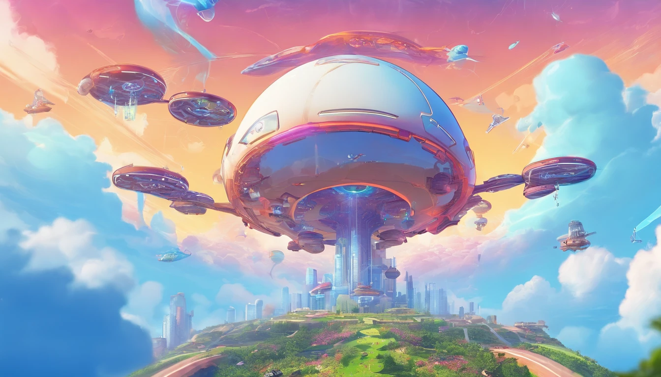 A sense of future technology,((heavenly body)),Energy-efficient electric spacecraft flying in the air,Mushroom Island in the sky has flowers and greenery ,((futuritic architecture)),Sky transparent elevator,A lot of flying machines,pipelines,Blue sky and white clouds on background(plethora of colors,Detail HD)sense of science and technology