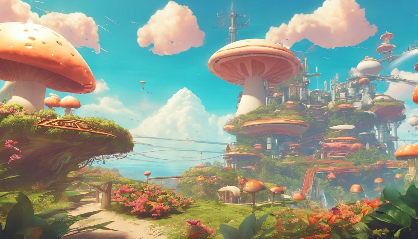 A sense of future technology,((heavenly body)),Energy-efficient electric spacecraft flying in the air,Mushroom Island in the sky has flowers and greenery ,((futuritic architecture)),Sky transparent elevator,A lot of flying machines,pipelines,Blue sky and white clouds on background(plethora of colors,Detail HD)sense of science and technology