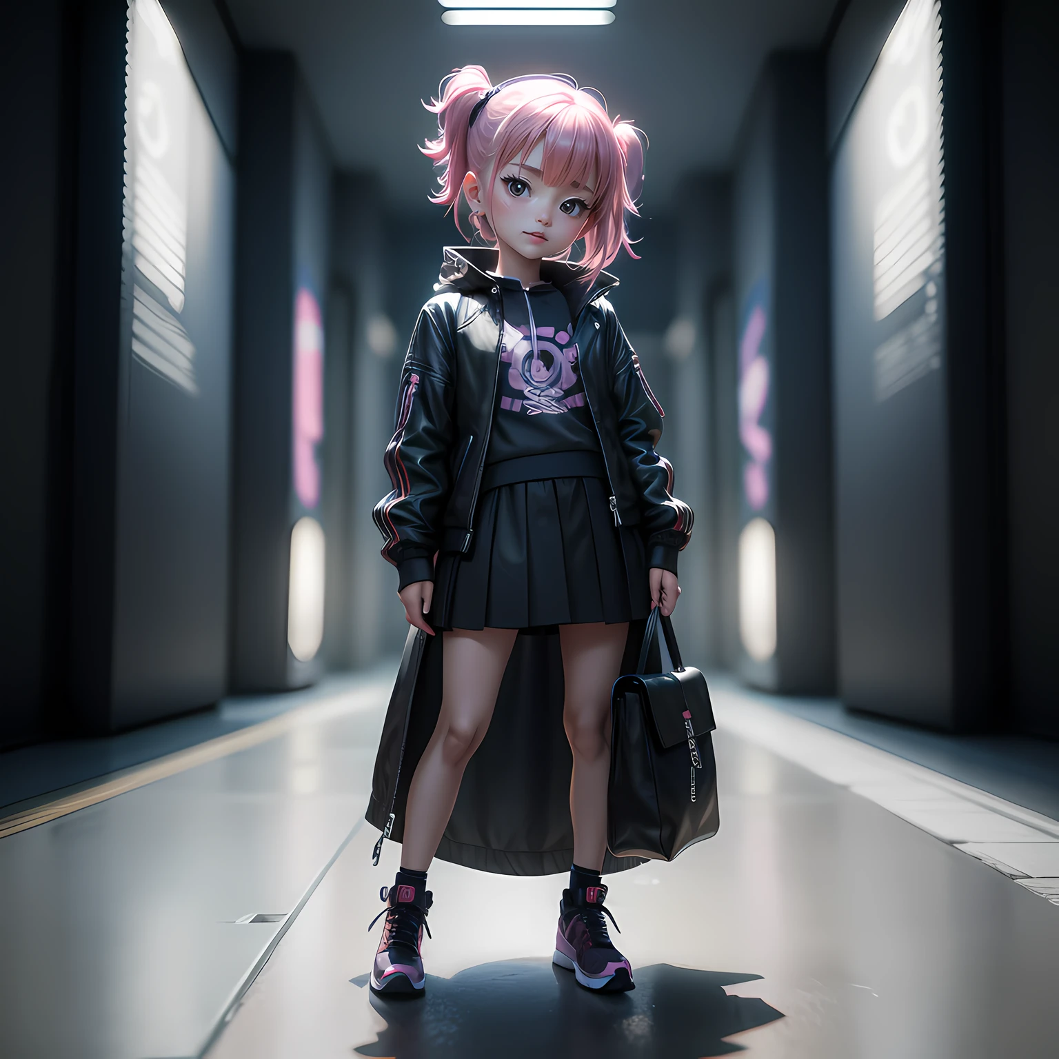 3D toy, 3d rendered, IP address, cyber punk style, Chibi, Cute little girl s, Smiled face, angry looking face, Well-formed face, simple background, top-quality, C4D, blender, 3Dmodel, Toys, vivd colour, skirt by the, hight resolution, Many details, Pixar, Irridescent color, Big shoes, fashion trend, art by, during daytime