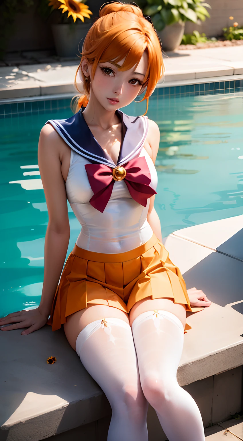 Anime - style image of woman in sailor suit sitting by the pool, sailorvenus、sunflowers in the background、 Beautiful, anime goddess, Very detailed ArtGerm, highly detailed exquisite fanart,Super Mini Orange Skirt、White panty、 portrait knights of zodiac girl, Open legs、full open legs、golden aura, Seductive Anime Girl, Anime girl cosplay, Anime Barbie in white stockings, by Sailor Moon, ! Dream ArtGerm, marin kitagawa fanart