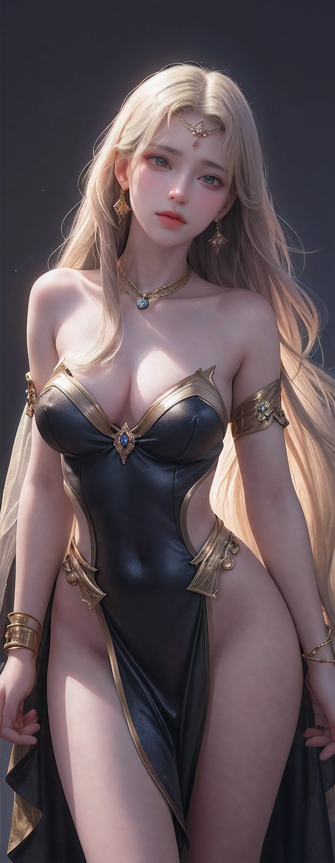 POV,(8k, RAW photo, best quality, masterpiece:1.2),(realistic, photo-realistic:1.37),photo mapping,professional lighting,radiosity,1girl,solo,long_hair,(bracelet:1.1),(long legs:1.2),(earrings:1.1),physically-based rendering,proscenium,performance,Egyptian costumes,dark blue and gold dress,shinny dress,Correct hands,Overhead halo,Lights illuminate the face in a dark room,