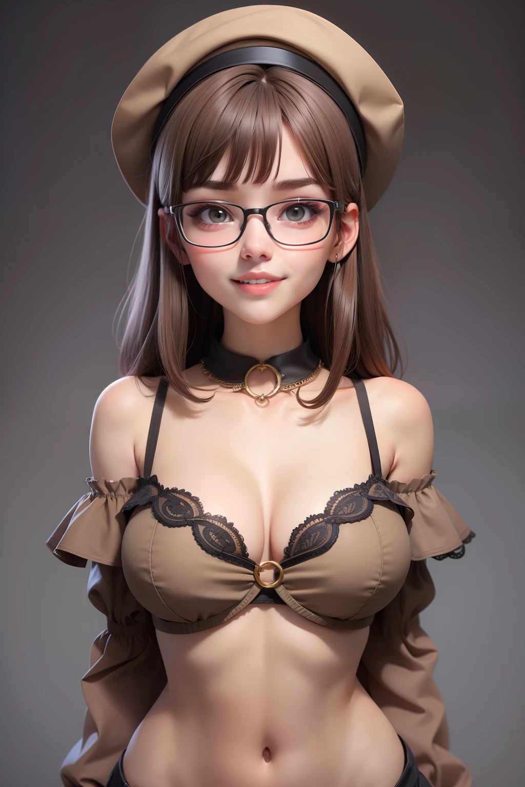 1 cute girl (18yo) glasses, upper body, slim waist, huge breast, sexy pose, naugthy face, bangs, random hairstyle, cleavage, navel, collar, collarbone, off shoulder, seductive smile, wear intricately detail hot and sexy outfit, whore costume, wear unique hat, light brown color, upper body. flat gray color for background