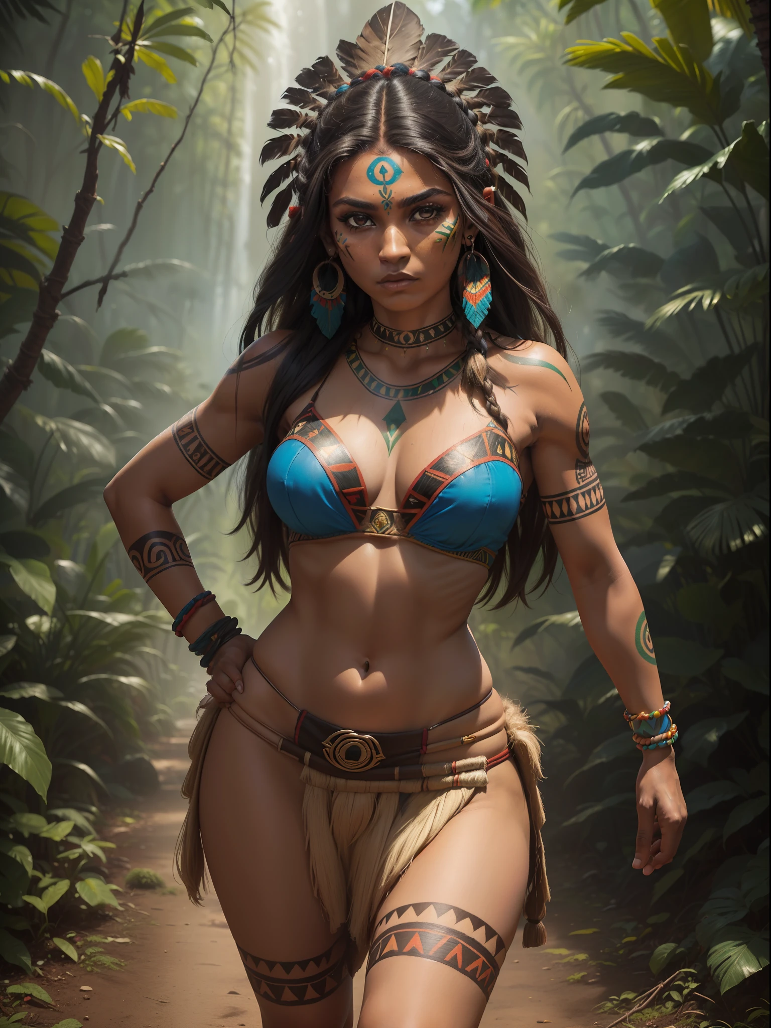 ((obra prima)), ((master part)), ((melhor qualidade)), ((oil-painting)), ((Portrait of an indigenous Brazilian warrior)), ((Brazilian indigenous)), ((jovem bonita)), ((pele morena)), (cabelo preto)), ((cabelo longo)), ((roupas tradicionais indigenas)), ((Brazilian indigenous)), ((Battle position)), ((Indigenous weapon)), ((She's wearing traditional indigenous clothing)), ((roupas tradicionais indigenas de plumagem e penas)), ((bare foots)), ((tatuagens tribal no corpo)), ((corpo inteiro)), ((Pose de batalha)), ((attack position)), ((8K resolution)), ((Brazilian indigenous)), ((tatuagem tribal)), ((Indigenous makeup of red urucu)), ((Fundo: Amazon Rainforest)).