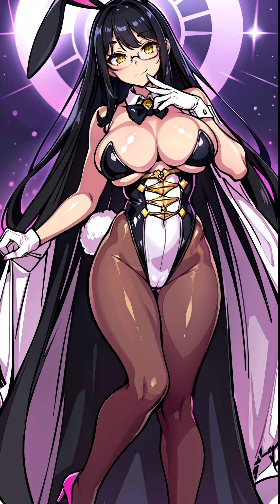 masterpiece,(bestquality),highlydetailed,ultra-detailed,{black hair} (long whitr hair)(Lateral hair)(Shawl hair)(hair straight),(glasses),(Yellow eyes),fleshy feeling,fleshy legs,,light,pale,golden hour lighting,in a bar, in bars,dance,rabbit girl,playful expression,cute,sexy outfit,fluffy bunny ears and tail, color scheme: pink and white,high heels,glamorous stage makeup,lively atmosphere