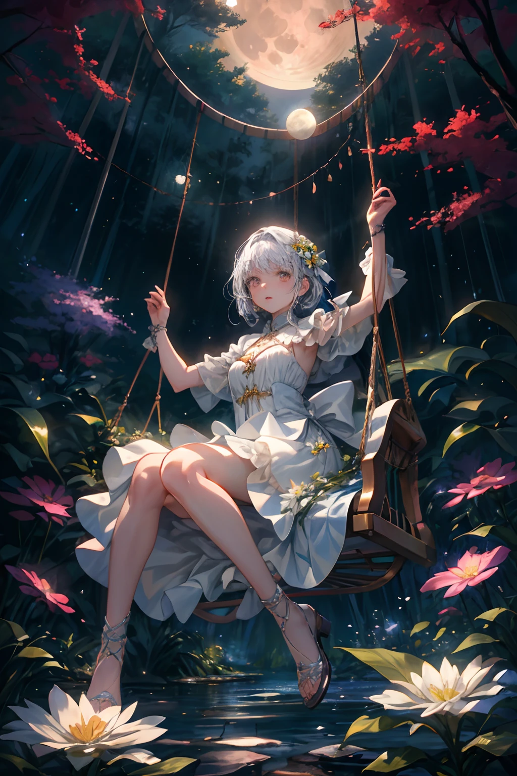 Expansive landscape photography,(The bottom view shows the sky above and a giant tree),A girl sits on a swing looking up,(moon full:1.2),Silver-haired girl,Leprechaun-like princess,Anime goddess,The girl is a in a moonlight dress,The swing is made of large tree vines,Large trees shade the sky,The ground is covered with white flowers(meteors:0.9),(Starcloud:1.3),mountain in the distance,tree-breaking production art,(Warm light source:1.2),(glowworm:1.2),Lots of purple and orange,Complicated details,Volumetriclighting,BREAK realism(tmasterpiece: 1.2) , (best qualtiy), 4K, ultra - detailed, (Dynamic synthesis: 1.4), highly detailed, Colorful detailed, (Irridescent color: 1.2), (Bright lighting, Atmospheric lighting), dream magical, magic,
Wearing a long dress,Silver-haired girl,Raise your gaze,Watch the icy full moon in the night sky。
Her fingertips twisted a white flower,Girl Height 1.2m