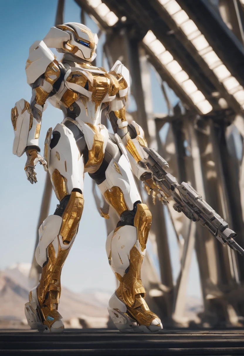 A tight white mech suit,It perfectly outlines her graceful figure。The mech suit is covered with golden armor,glittery。