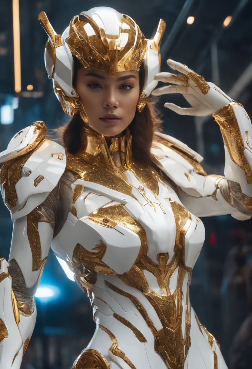 A tight white mech suit，It perfectly outlines her graceful figure。The mech suit is covered with golden armor，glittery。