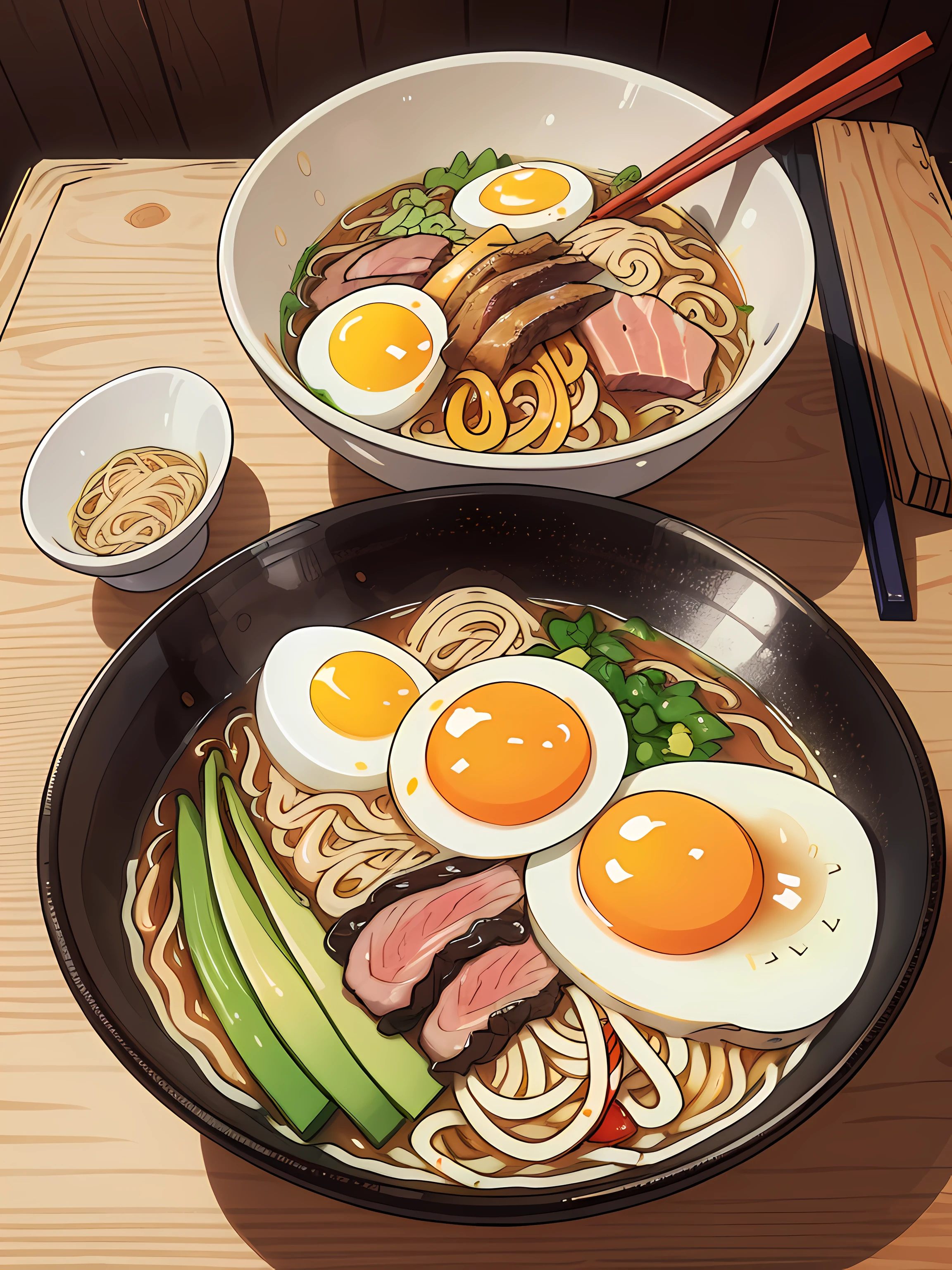 Bowl of ramen with meat, noodles, and an egg, high res, ultras harp, 8K, masterpiece,