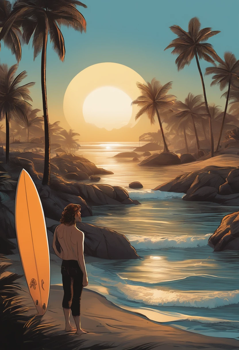 Surfers barter at stalls on the beach, Top-down view,Surfing life,the setting sun,Manhwa Style,2D, ((Black background :1, 5)), vectorial,, Masterpiece, Best quality, Intricate details,, Realistic details, gothic theme, rim-light,, cinematic shading, Greg Rutkowisk