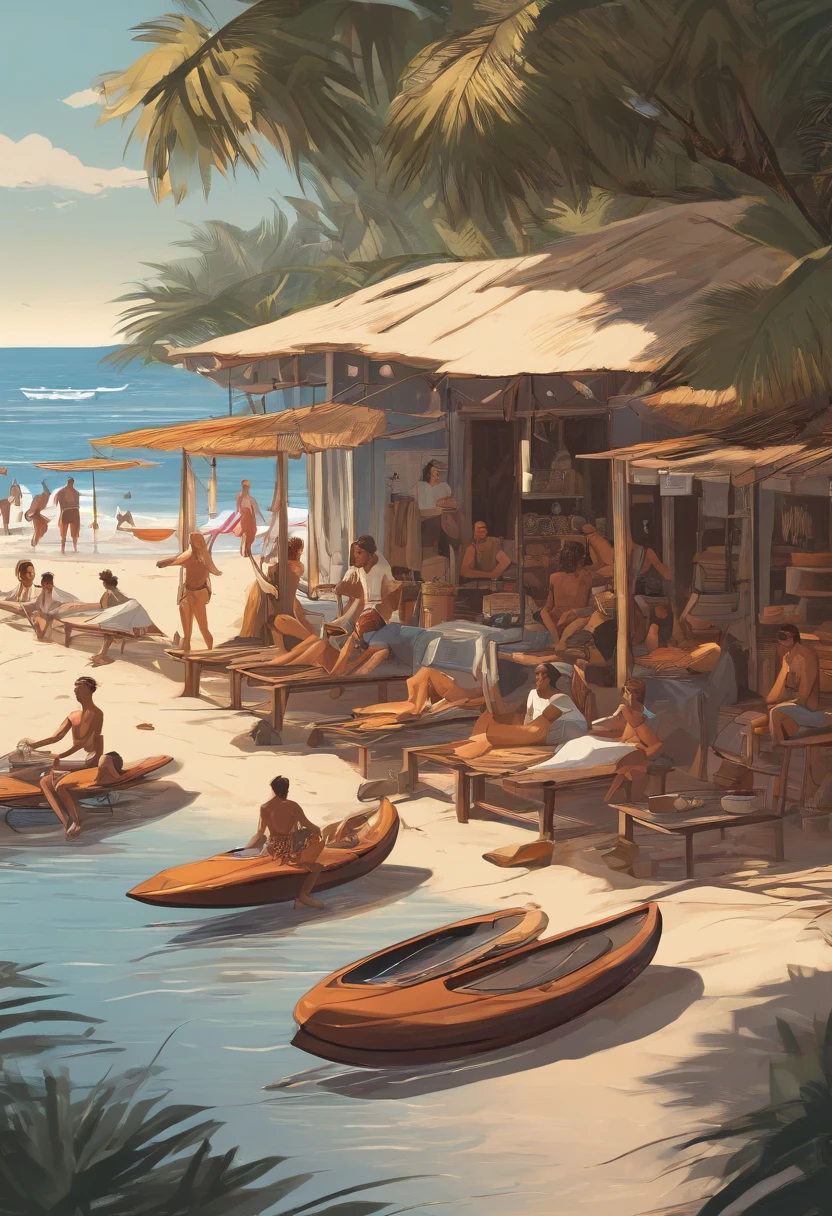 Surfers barter at stalls on the beach, Top-down view,Surfing life,the setting sun,Manhwa Style,2D, ((Black background :1, 5)), vectorial,, Masterpiece, Best quality, Intricate details,, Realistic details, gothic theme, rim-light,, cinematic shading, Greg Rutkowisk