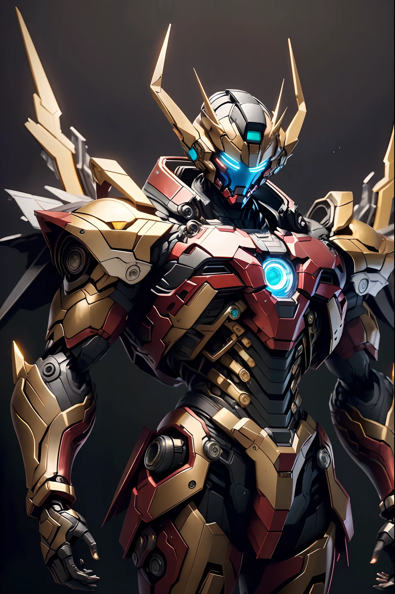 Golden Saint Seiya Limb Armor, Marvel Movie Iron Man Cuirass, (Gundam 00 Gundam Exia: 1.5), (Mecha) (Mechanical) (Armor), (Open leg: 1.3), Perfect, (Wide Angle), (Black Background: 1.6), Best Quality, Masterpiece, Super Resolution, (Reality: 1.4), 1boy, Broad Shoulders, Cold Eyes, Crazy Details, (Hip Folds: 1.2), Lower Chest, Hands Crossed at the Waist, Unrealistic Engine Style, Boca Effect, David S. La Chapelle style lens, bioluminescent palette: light blue, light gold, bright white, wide angle, ultra-fine, cinematic still life, neon lighting, vibrant, Sakimichan style, perfect eyes, highest image quality 8K, inspired by Harry Winston, Canon EOS R 6 shooting masterpiece "Chaos 50,--, under eye mole, ray tracing, surrealism, textured skin, metallic sheen, facing the viewer