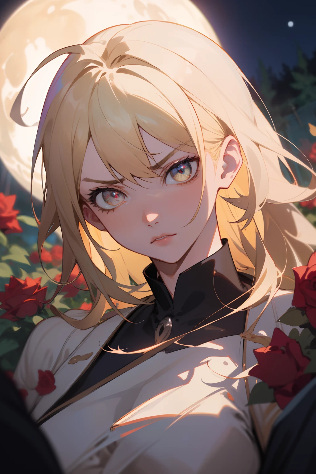 masutepiece, Highest Quality, (Solo Focus), (Perfect face:1.1), (high detailing:1.1), (ultradetailed eyes), Dramatic, 1guy, (pale skin), Blonde long hair, a blond,Emerald eyes, (light eyebrow), Solo, Long hair, J Tiago Azevedo, Moon, Night, white luxury suit, Pouty lips, furr, Proud Expression,garden, Detailed background, Art by Artgerm, Cinematic lighting, roses, Fashion, BalenciagaStyle