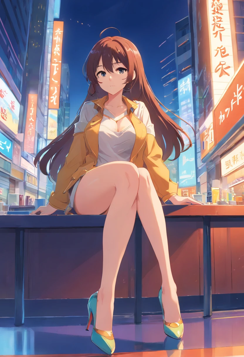 1girl bangs blue_eyes blushing breasts brown_hair cleavage covered_mouth covering covering_breasts hair_between_eyes headphones headphones_around_neck hood hood_up (nude body:1.4) large_breasts leaning_forward long_hair long_sleeves look_at_viewer pants smiling alone, full body