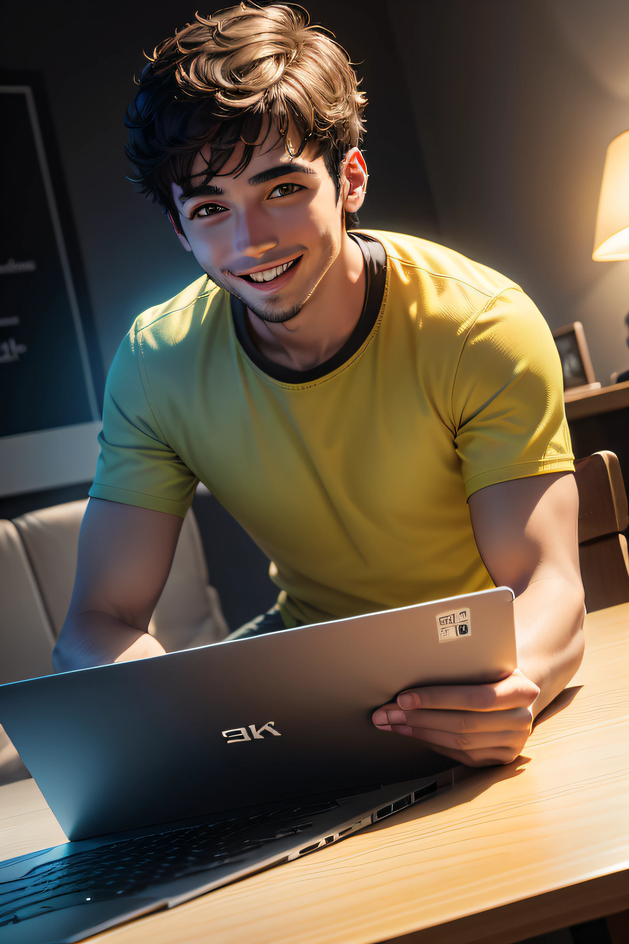 joven sorridente estudando com um notebook , sentado em uma mesa bem iluminada, Connected with very fast internet, elementos de amarelo foto 4k ultra realista full hd