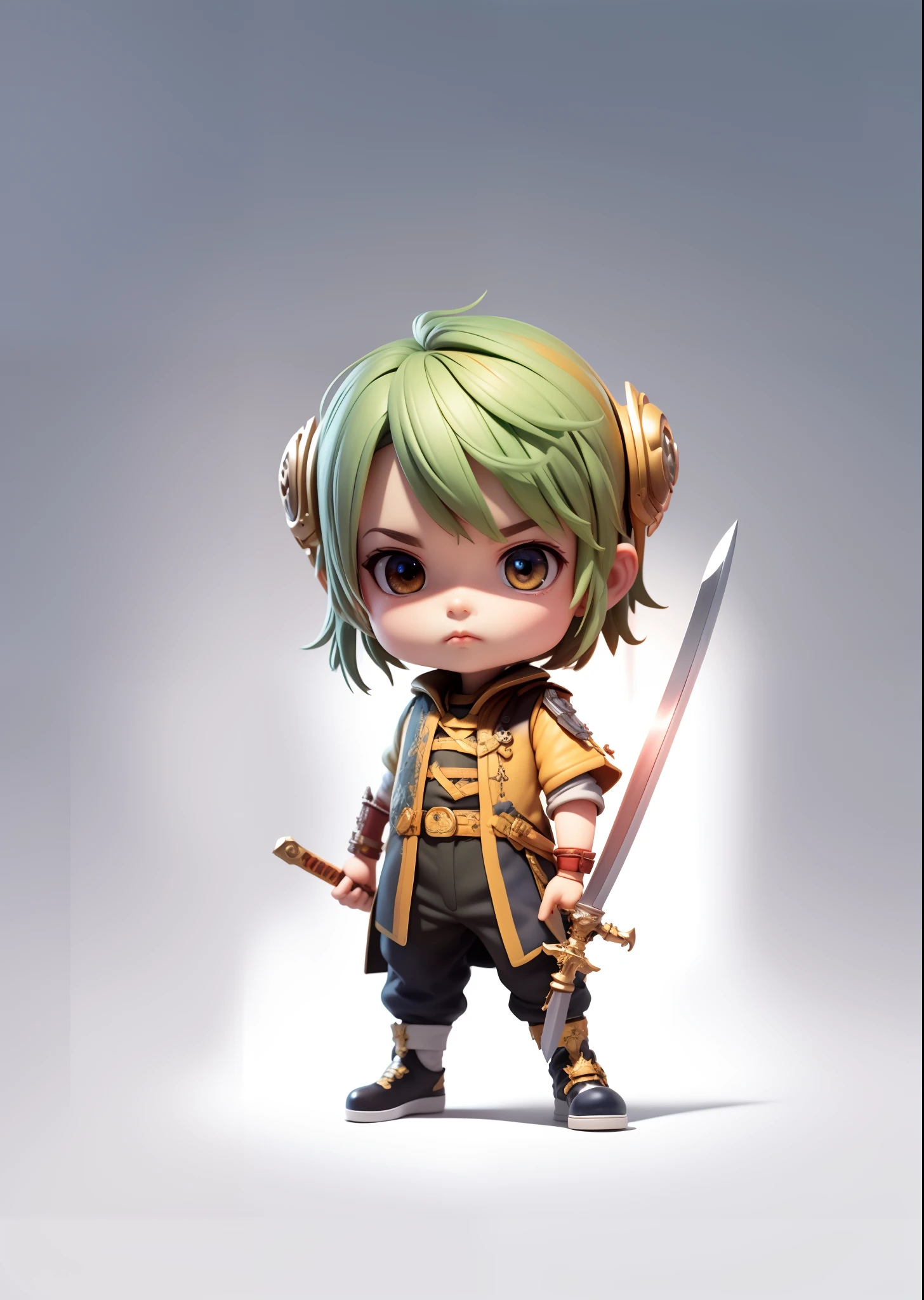 (extremely detailed CG unity 8k wallpaper), chibi cute boy holding a sword, solid background