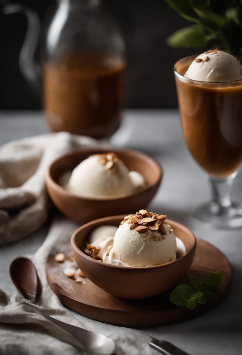 O sorvete tem uma cor creme suave e uniforme, providing an attractive and inviting appearance. The texture is creamy and smooth, indicating its smooth consistency when served. Quando despejado em uma tigela ou casquinha de sorvete, o sorvete vegano de baunilha forma um monte generoso e fofo. The surface is level and shiny, podendo ter pequenas bolhas de ar congelado, which adds a visual charm to the dessert. Se desejar, You can add some extra visual elements to the ice cream, como um toque de cor ou textura. Isso pode ser feito adicionando coberturas como xarope de caramelo vegano, lascas de chocolate veganas, sliced almonds or coconut zest on top. These additions not only enhance the visual aspect of the ice cream, but they also provide an experience richer in flavor and texture. When serving vegan vanilla ice cream on a special occasion or to guests, You can complement the presentation with additional decoration, like a fresh mint leaf or slice of fruit next to the bowl. This will add a touch of elegance and visual freshness to the dessert. No geral, Vanilla vegan ice cream has an inviting look, creamy and pleasing to the eye. Sua cor suave, Smooth texture and customization potential allow it to be served as a visually appealing and delicious dessert. --auto --s2