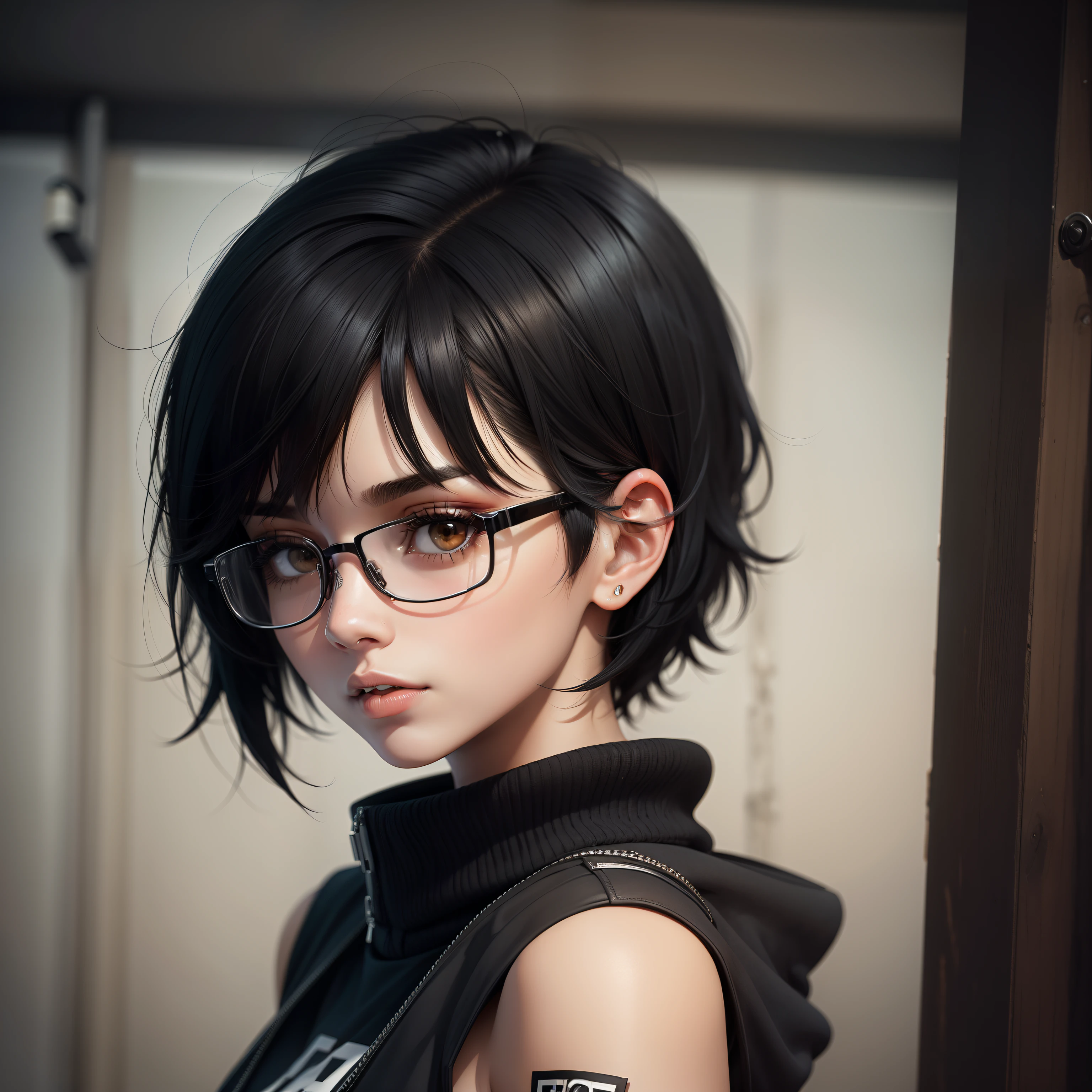 1girl,short black hair,thigs,glasses,emo