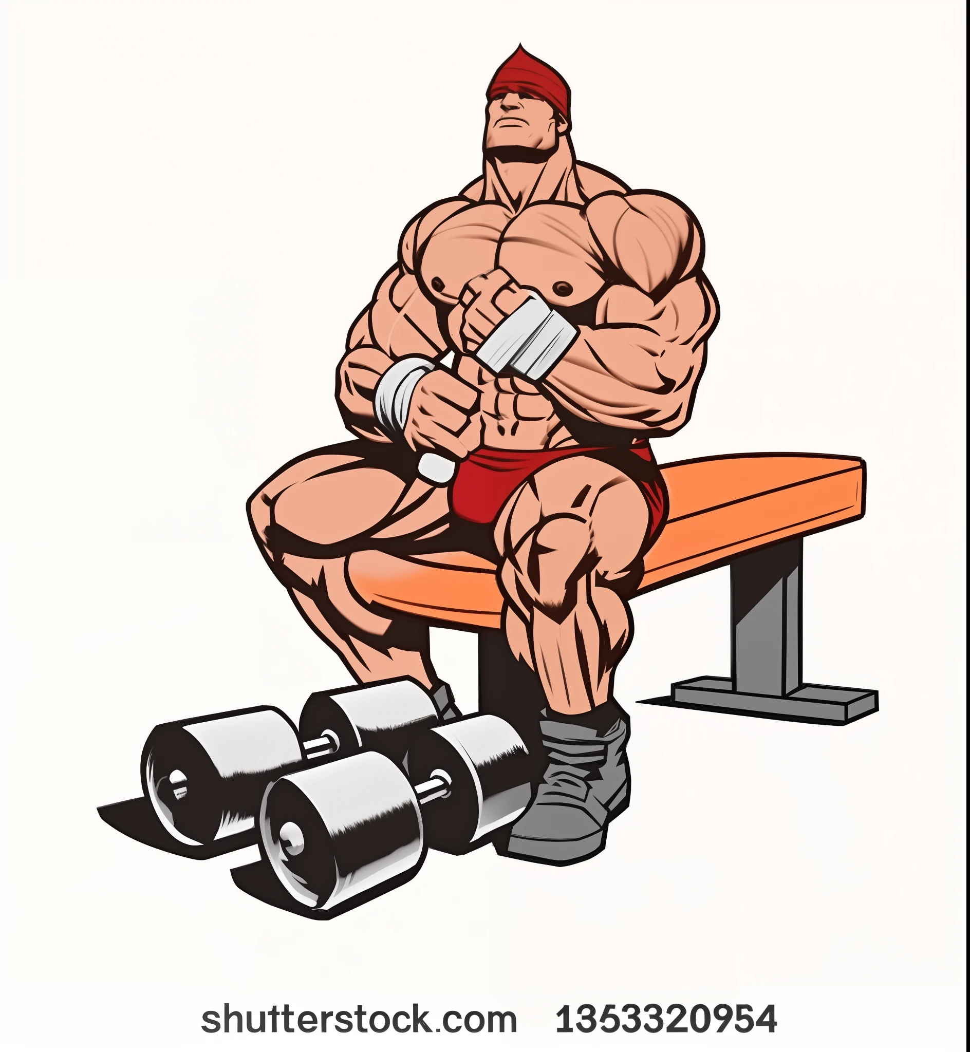 uma imagem de desenho animado de um homem sentado em um banco com um burro, exaggerated muscle physique, flexing large muscles, Bowed muscles;, large muscles, muscular character, caracteres musculares, large muscles, big wide broad strong physique |, of the muscular, forte e musculoso, sentado com os pulsos juntos, body building blacksmith, extremely muscular, em uma academia