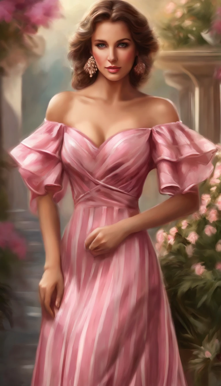 Close-up of a Caucasian woman in a pink striped dress,posed for photo, Women have very beautiful eyes, Wavy brown hair, She wears earrings, Digital art in digital painting, Elegant and elegant, Strapless dress, The art in the style of Guvez, Lored dressing, Dressed in elegant dresses, shy and demure, soft digital painting, Povoort Art Style, detailed dress and face, Art germ. High detail ,anime big breast
