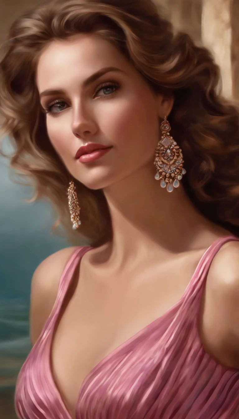 Close-up of a Caucasian woman in a pink striped dress,posed for photo, Women have very beautiful eyes, Wavy brown hair, She wears earrings, Digital art in digital painting, Elegant and elegant, Strapless dress, The art in the style of Guvez, Lored dressing, Dressed in elegant dresses, shy and demure, soft digital painting, Povoort Art Style, detailed dress and face, Art germ. High detail ,anime big breast