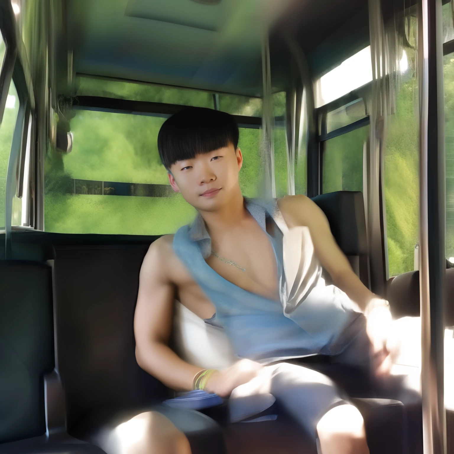 Photo of a muscular Young asian man sitting in bus wanking