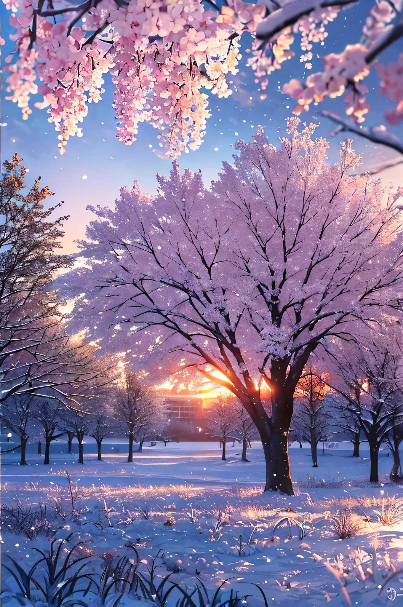 Beautiful natural landscape of city park in winter with fluffy deciduous trees covered with hoarfrost and snow caps at sunset in lilac and pink tones