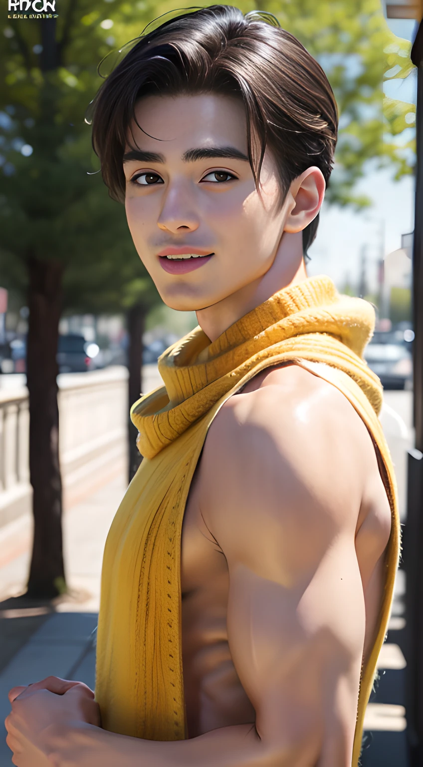 ((Men only)), (head shot), (look straight ahead), (sunburned skin), (having a yellow knit scarf wrapped around his neck), (tank top), ((Pietro Boselli)), (Handsome muscle man in his 10s), (big Smile), (The trees have turned red), (detaile: 1 in 1), Natural muscles, HIG quality, beautidful eyes, (Detailed face and eyes), (Face、: 1 / 2), Noise, Real Photographics、... ...................................................................................................................PSD, Sharp Focus, High resolution 8K, realisitic & Professional Photography, 8K UHD, Soft lighting, High quality, Film grain, FujifilmXT3