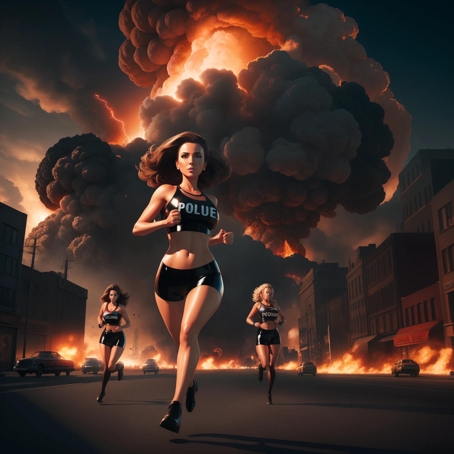 explosion, with an atomic bomb in the background, Brunette woman police woman, running forward, blonde hair, good body, strech clothes of latex, in a city. Photorealist, dramatic lights, stained face,