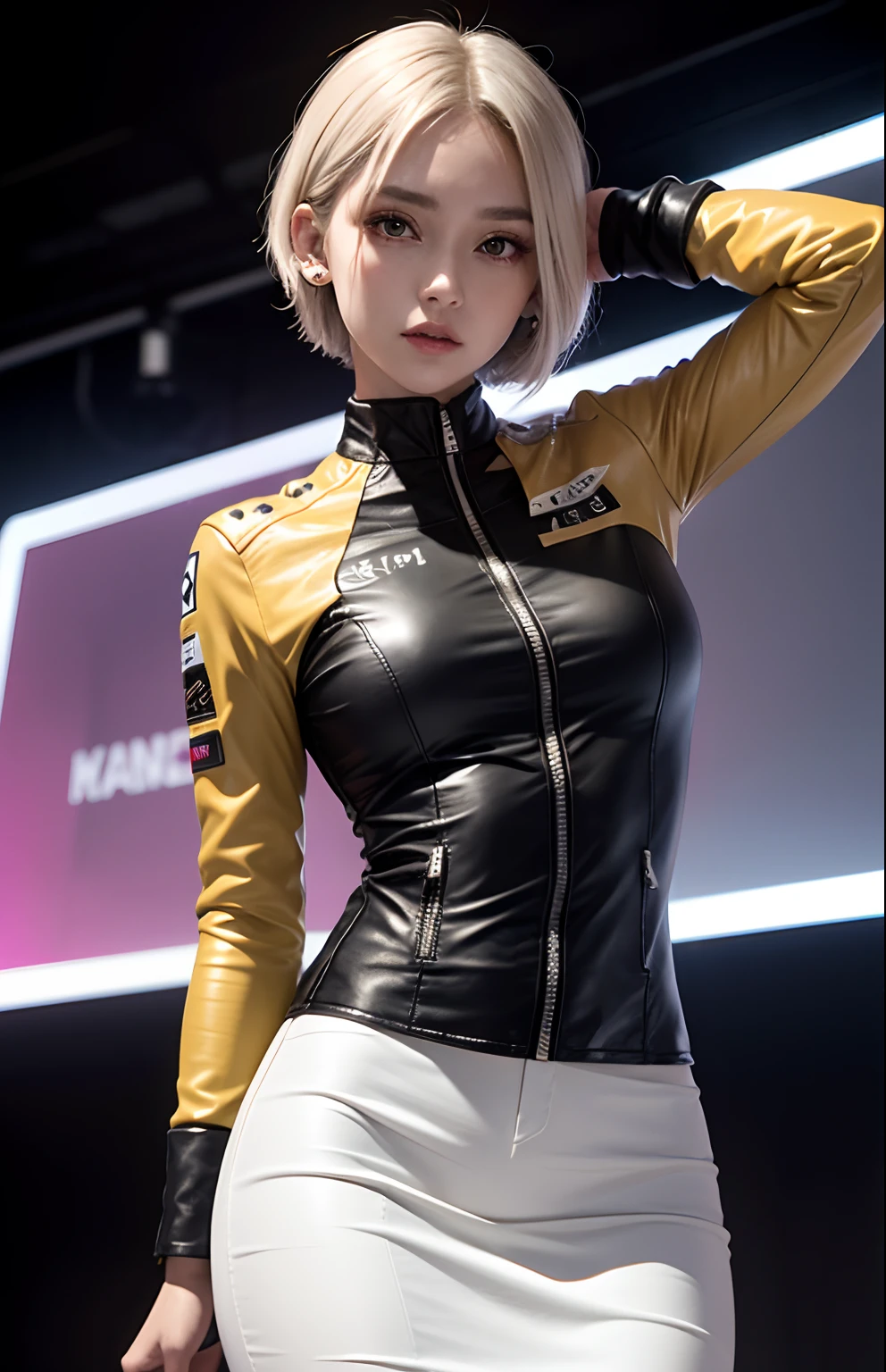 optimum，tmasterpiece，hight resolution，best qualtiy，hyper HD，super detailing，awardwinning，16 K，独奏，（（The upper part of the body）），（（Bust）），anatomy correct，Beautiful cyberpunk girl，cute  face，，Gradient Beige Hair，Hairline，（（scarlet eyes）），long eyelasher，Hanging eye corners，White skin of the，（small tit），（Slim body），（（Women's Super Short Shawl Leather Jacket）），（（Racing_Suit）），（（High-Low_long  skirt）），Ear studs，（Lanyard），（Laser material clothing：1.2）