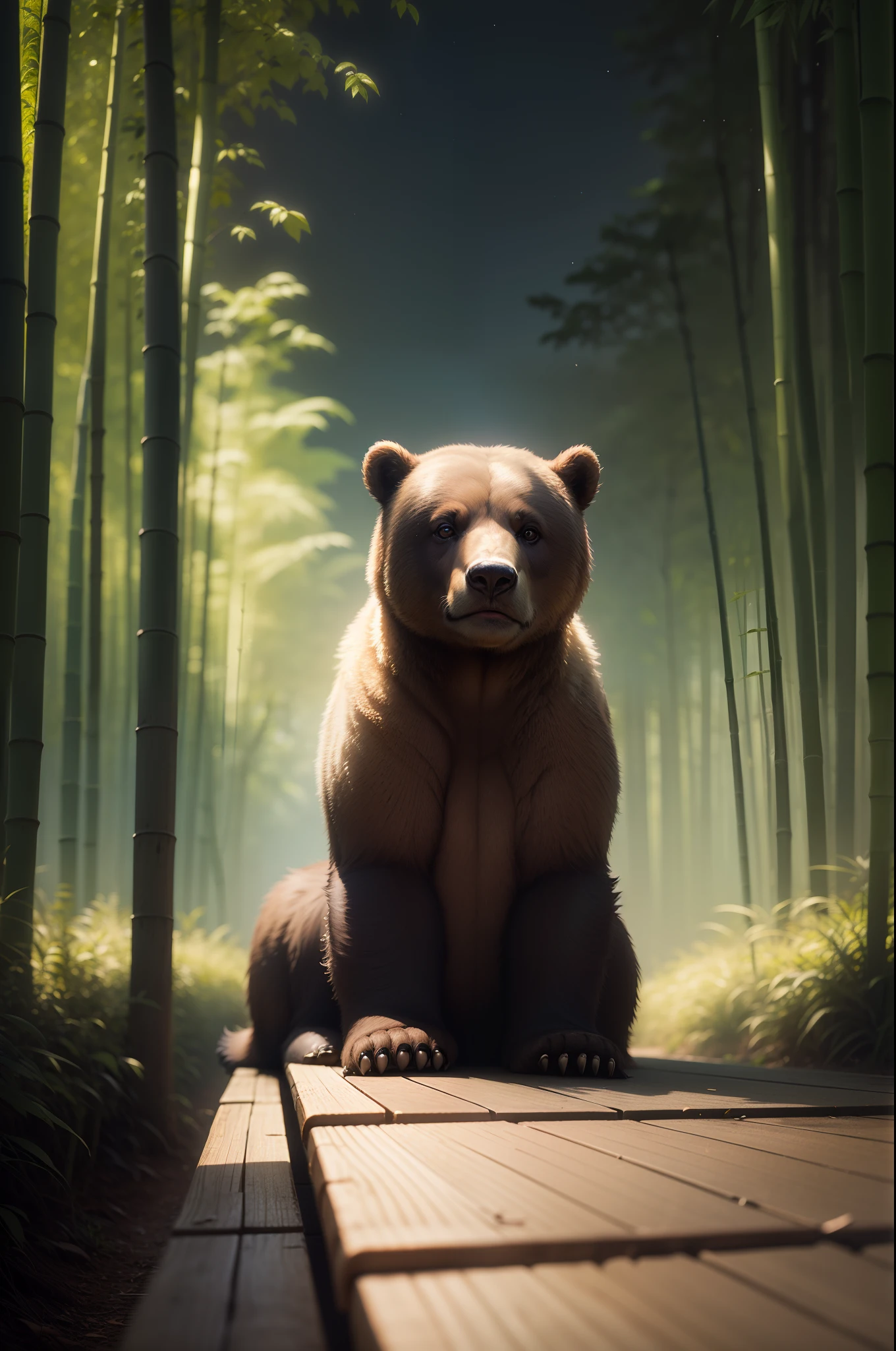 A sad brown bear sits on a bench, Face away from the camera,Looking Up The Sky,shot from a far distance,tmasterpiece, best qualityer, cinematic Film still from, ,bamboo forrest,movie light effect,Wide-angle environment,Movie Angle,Best quality,rendering by octane,ultra-detailliert