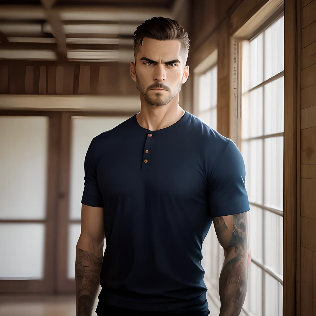 Man with a serious face, bonito bem vestido, 30 anos, com barba