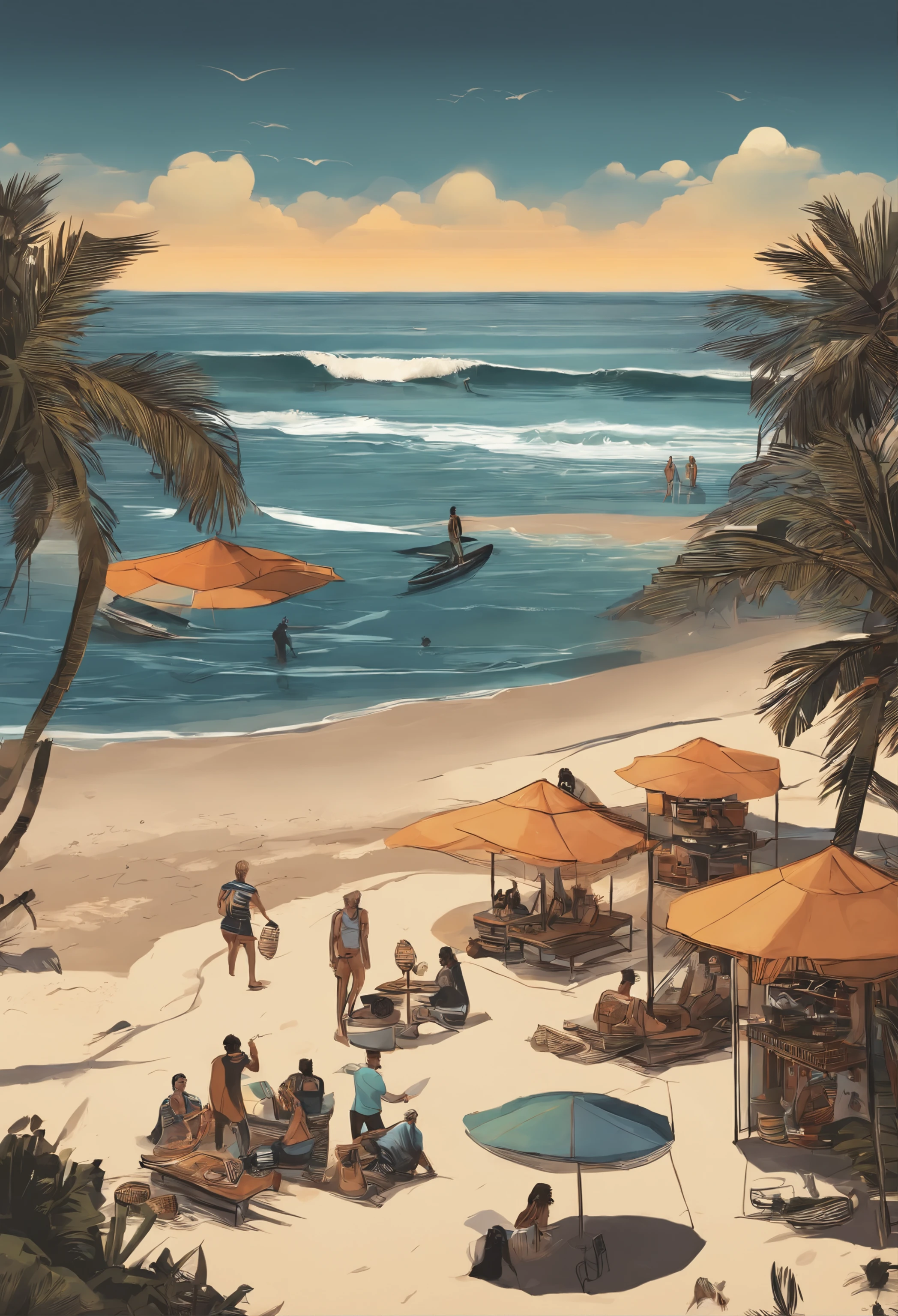 Surfers barter at stalls on the beach, Top-down view，Surfing life，the setting sun，Manhwa Style，2D, ((Black background :1, 5)), vectorial,, Masterpiece, Best quality, Intricate details,, Realistic details, gothic theme, rim-light,, cinematic shading, Greg Rutkowisk