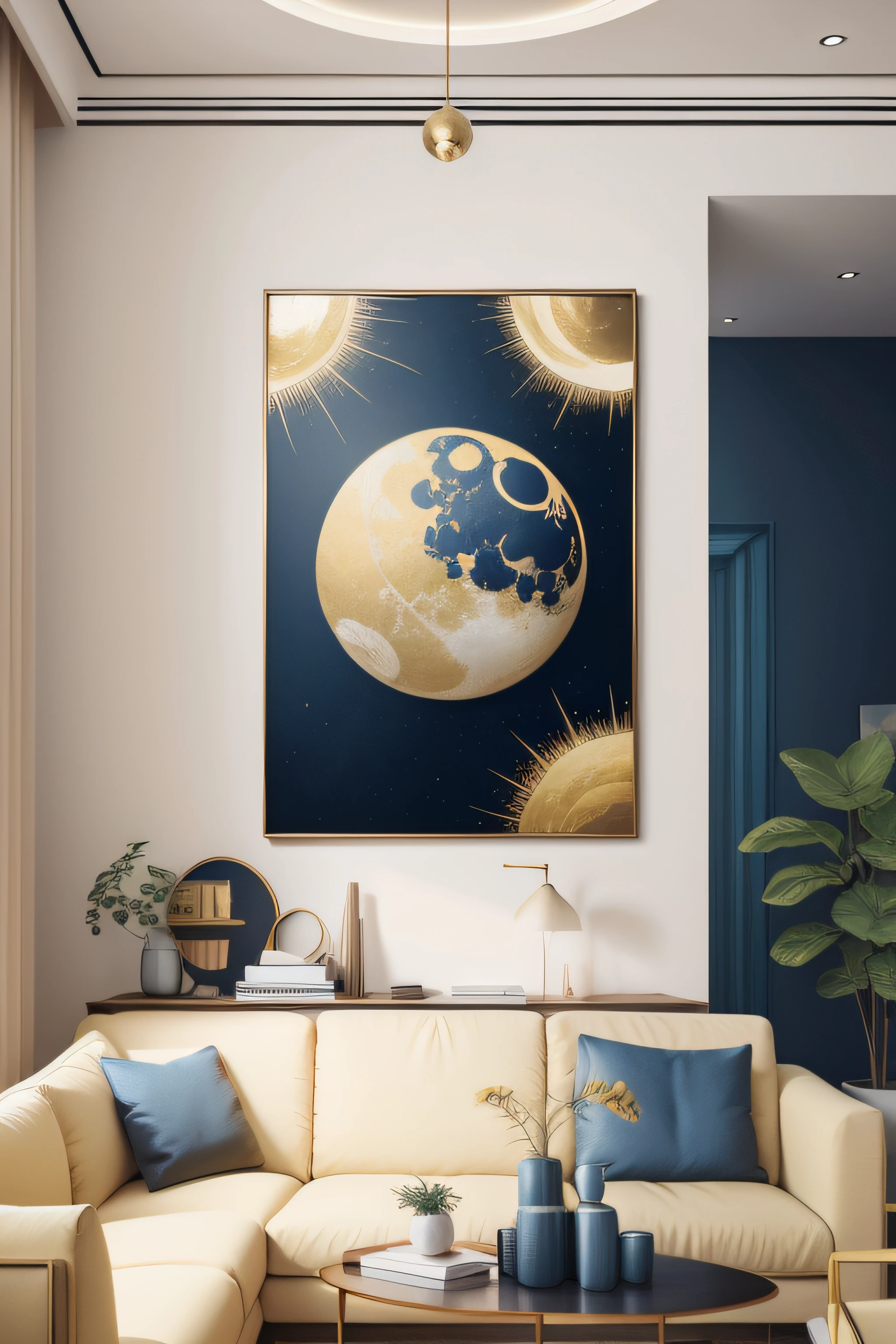 Wall art on canvas gold sun moon print Wall art gold and navy print modern living room decoration contemporary art