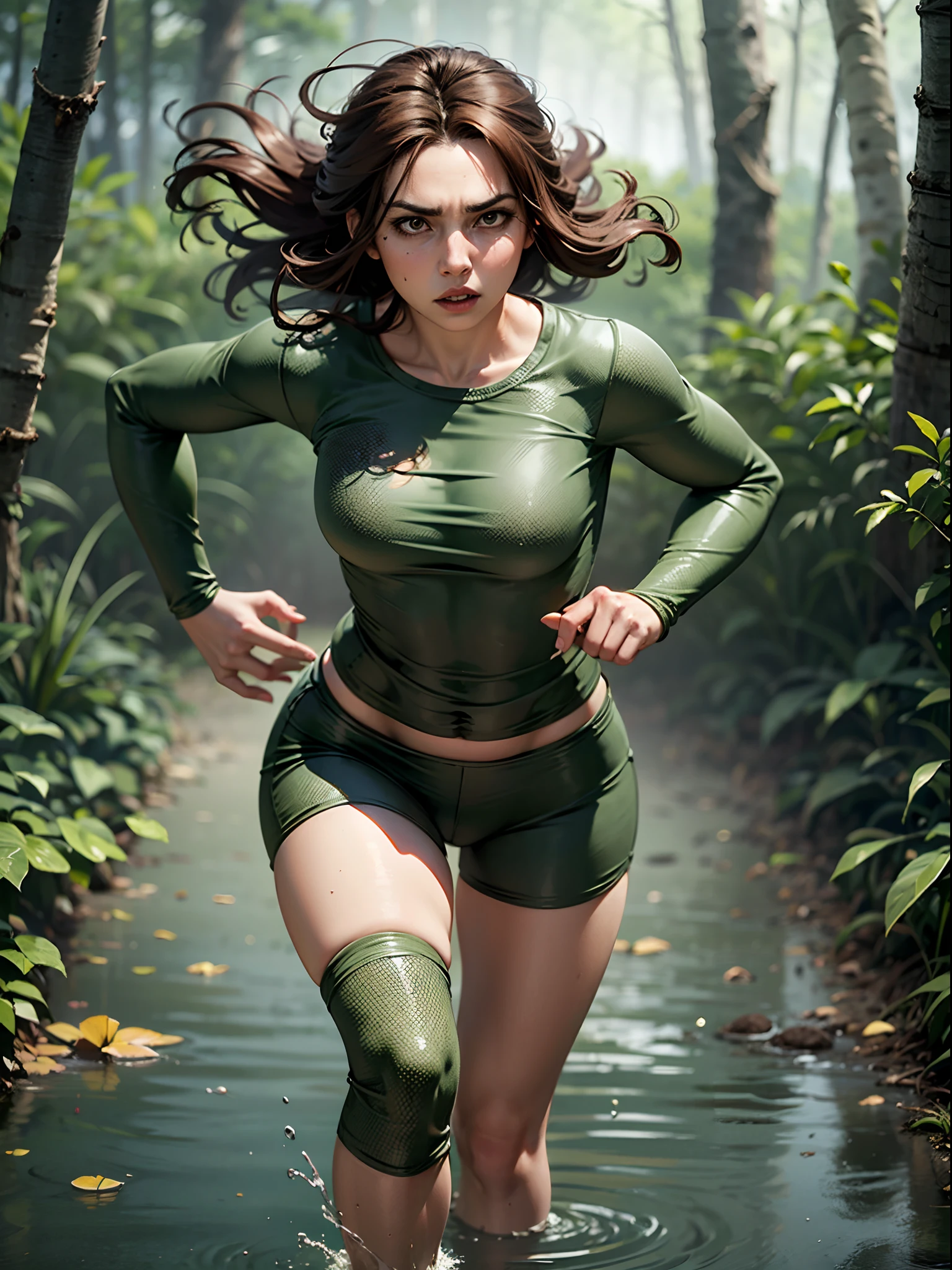 Woman with brown hair, scared expression, running, through swamp, background is bigfoot --auto --s2