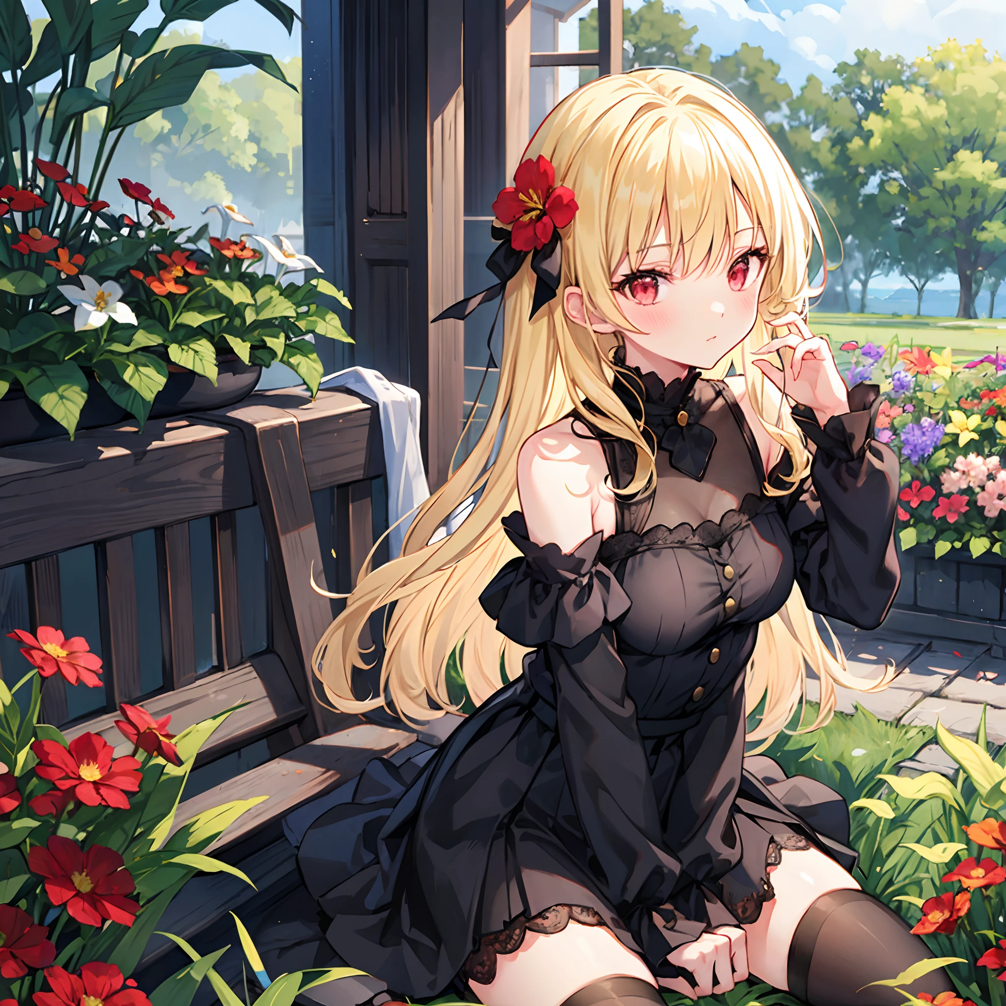 Wavy blonde、red eyes、Beautiful girl alone、Black fluffy dress、off shoulders、a miniskirt、Black tights、flower field、sitting on