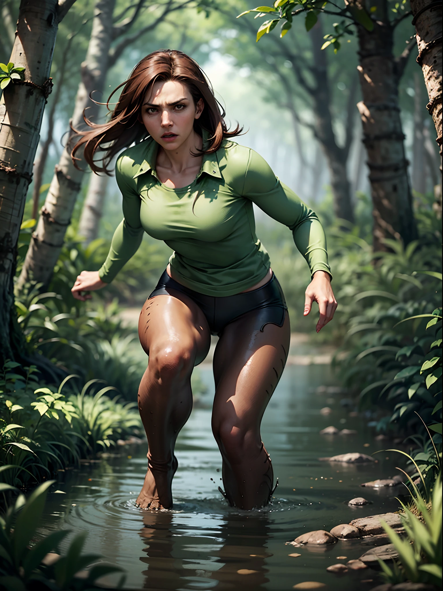 Woman with brown hair, scared expression, running, through swamp, background is bigfoot --auto --s2