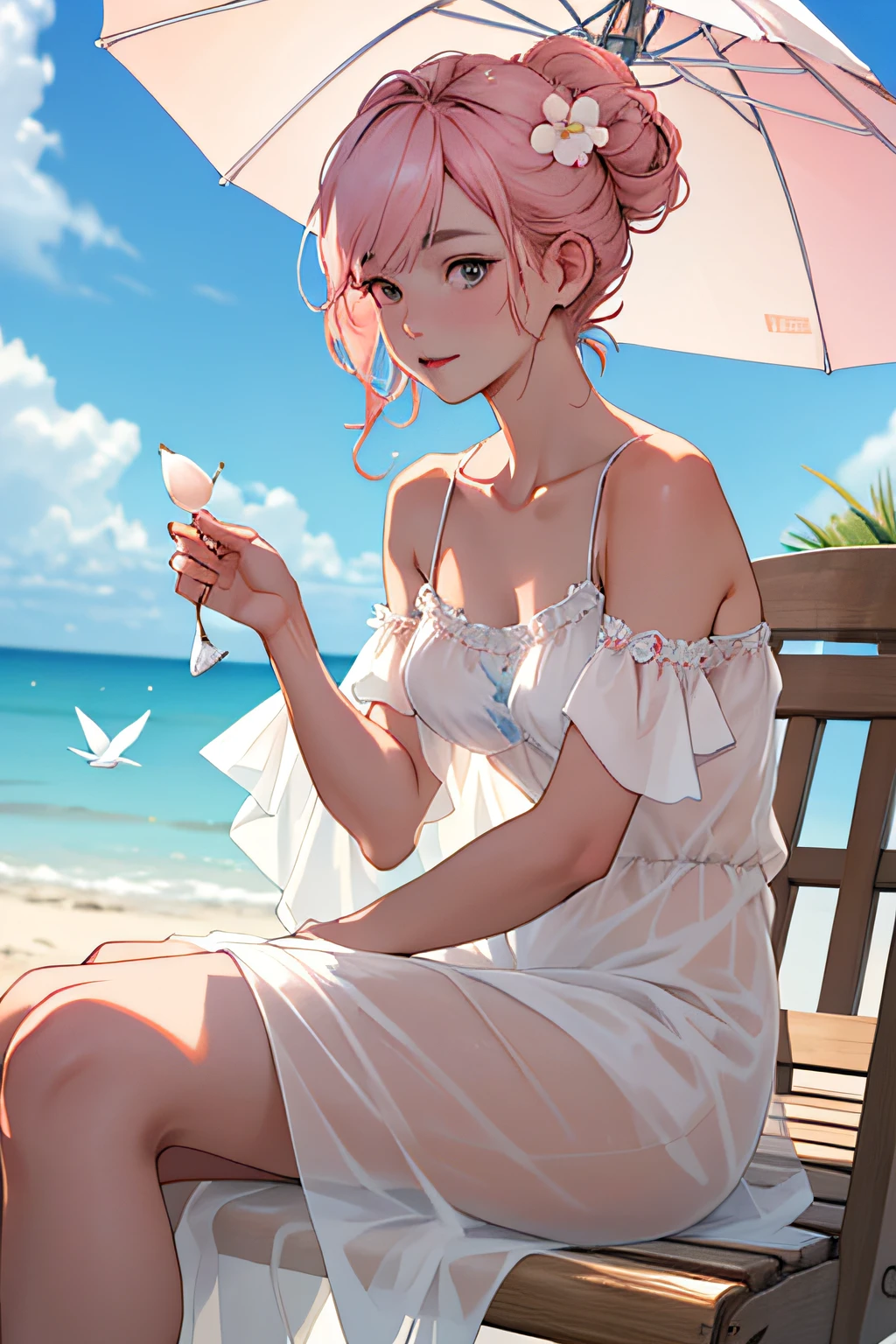 Beautiful and charming woman in fashion trend, full body: 1.6, holding flowers, random hairstyle, sitting under a parasol, by the sea, tight slip dress random color, wind blowing hair, blue sky and white clouds, delicate sexy collarbone, covering chest, charming goose egg face, double eyelids, smart peach blossom eyes, pink lips, small upturned nose, bare shoulders, focused face, face close-up, ultra-high definition, super detail, ultra-thin translucency, fresh and good, see-through, pink