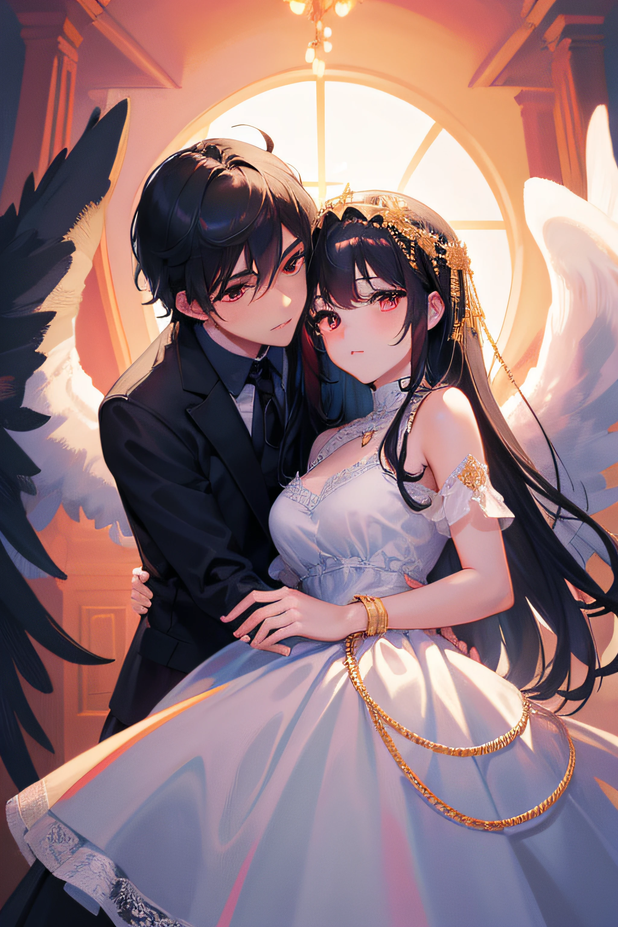 super fine illustration, Man and girl embrace, highly detailed beautiful face, red eyes, beautiful black hair, loli, an extremely cute and beautiful girl with angel wings, dynamic angle, beautiful detailed dress, black tone