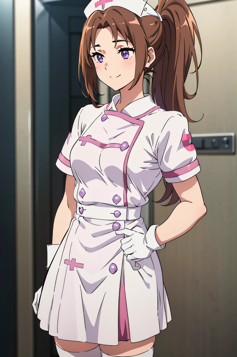 a girl, ponytail, brown hair, purple eyes, solo, Nurse, ((White nurse cap, White nurse uniform)), ((White legwear, zettai ryouiki)), White Gloves, Smile, Standing, ((Hospital room)), sharp outline, Short sleeves, Best Quality, masutepiece